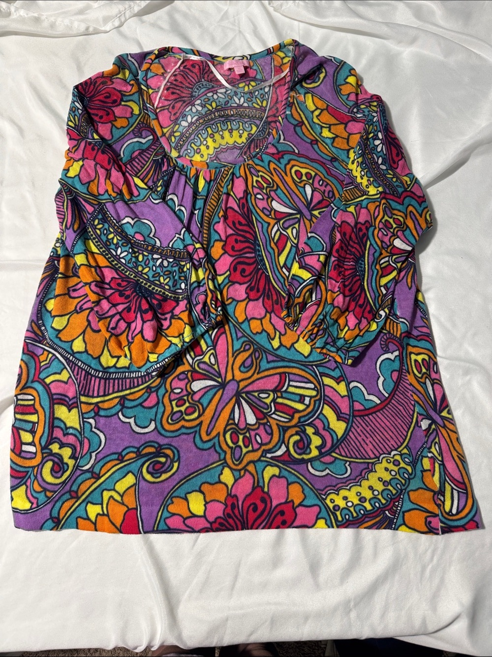 Lilly Pulitzer Optical Confusion Cotton Sweater XL Butterfly Floral Color FLAWED